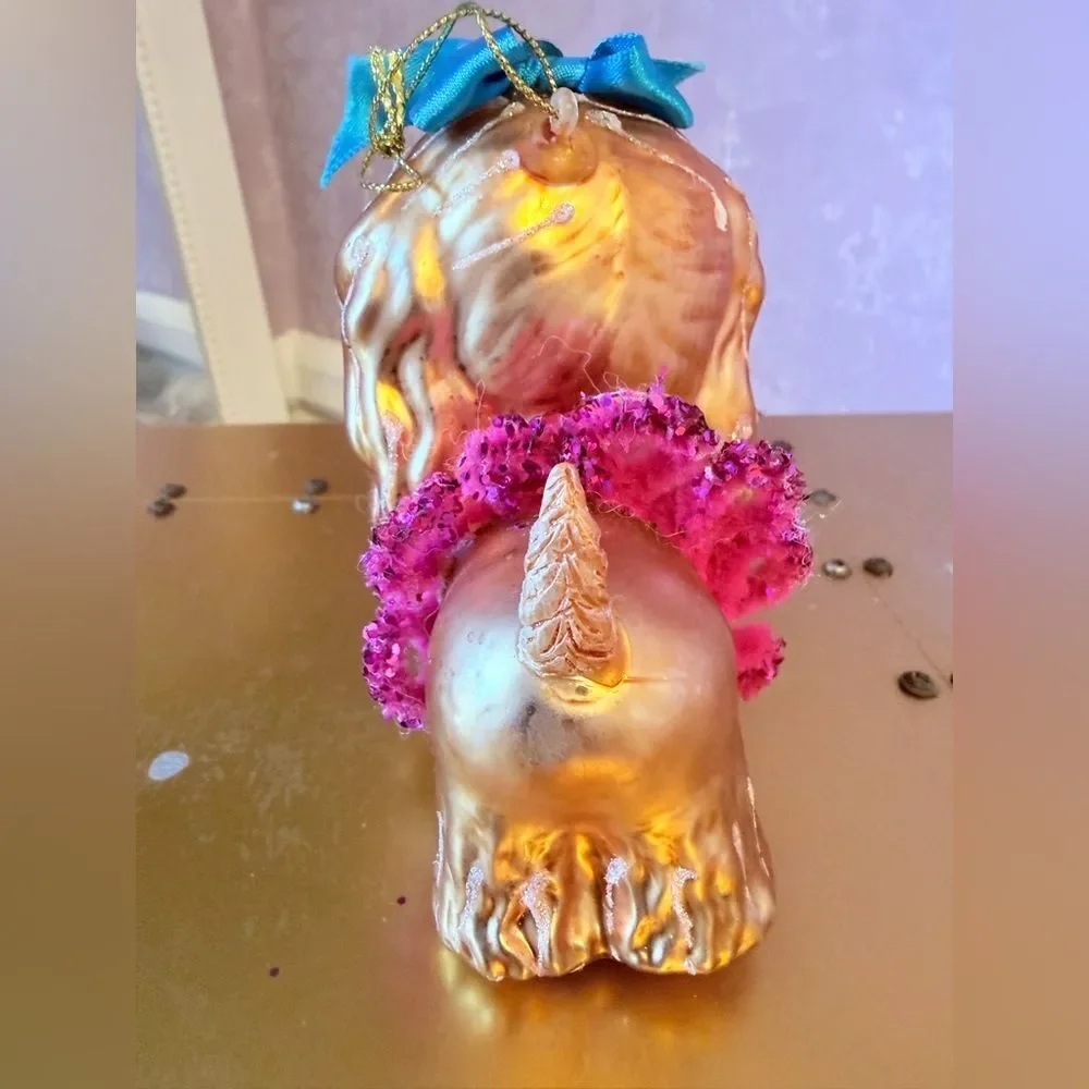 Hand Blown Golden Cocker Spaniel with Pink Tutu & Blue Bow Holiday Ornament